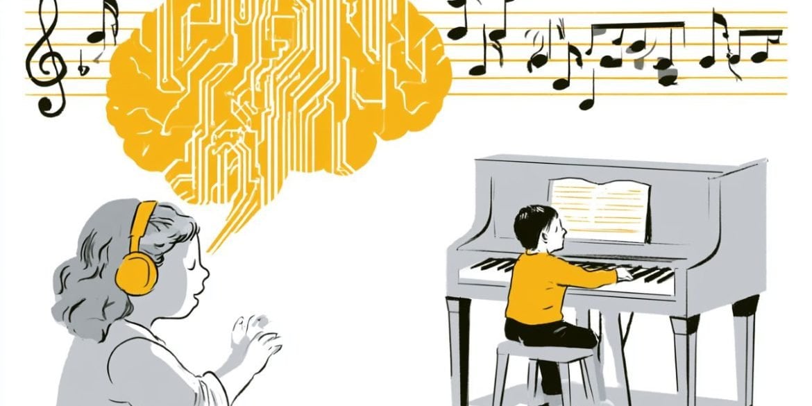 This shows a brain, musical notes and children.