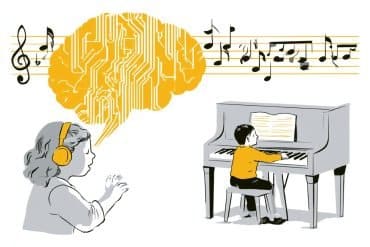 This shows a brain, musical notes and children.