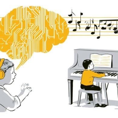 This shows a brain, musical notes and children.