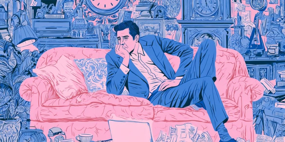 This shows a person sitting on a sofa surrounded by clocks.