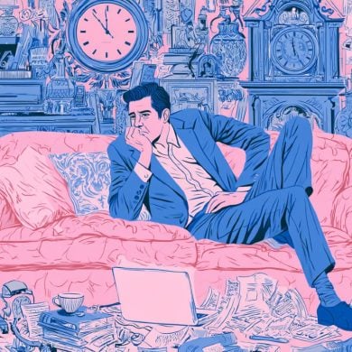 This shows a person sitting on a sofa surrounded by clocks.