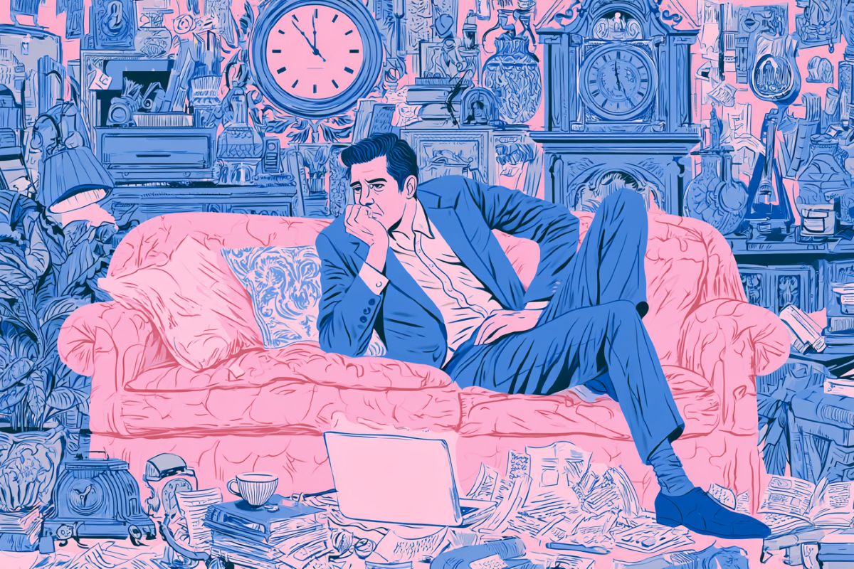 This shows a person sitting on a sofa surrounded by clocks.
