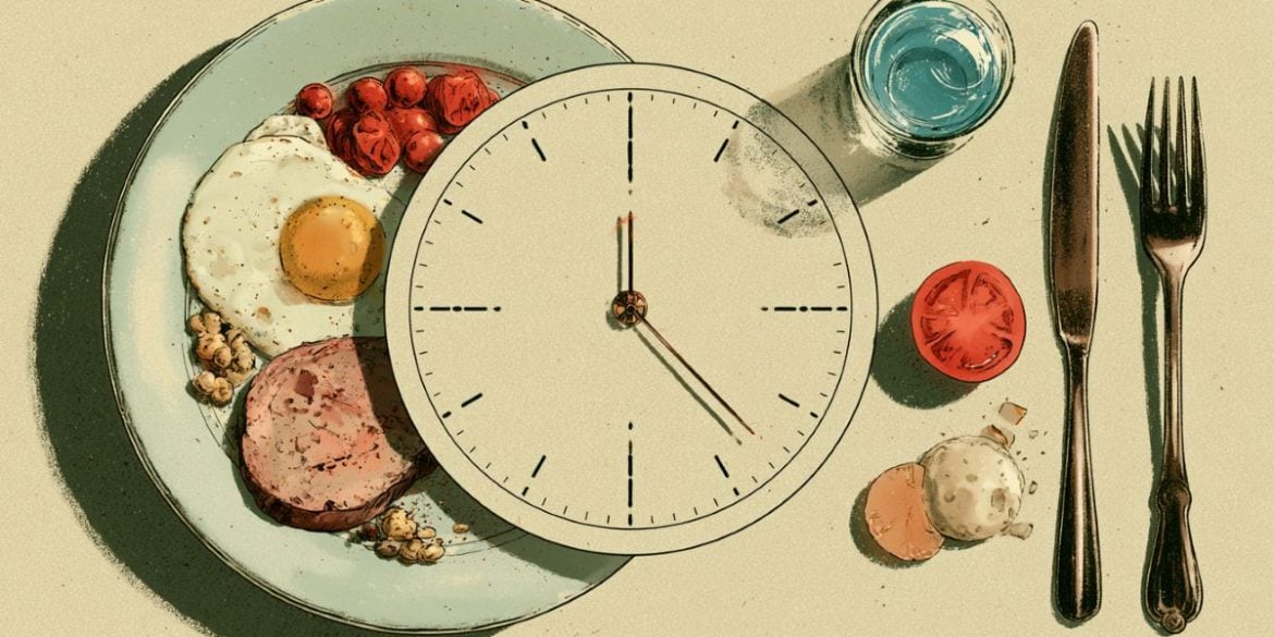 This shows a clock and a plate of protein rich foods.