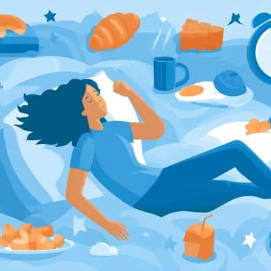 This shows a person sleeping surrounded by food.