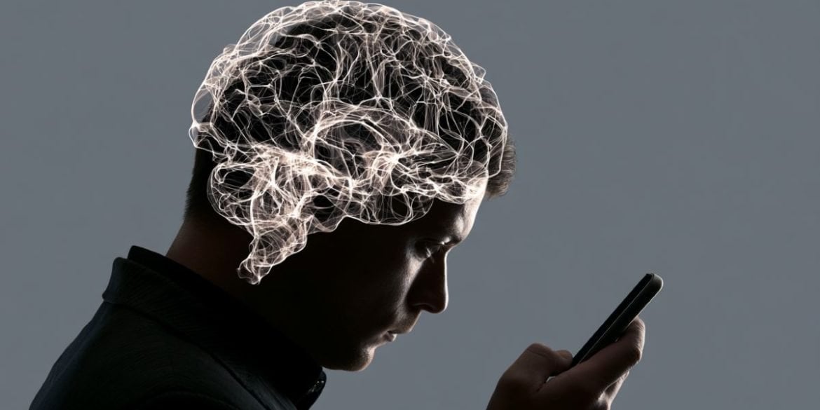 this shows a person looking at a phone and a brain.