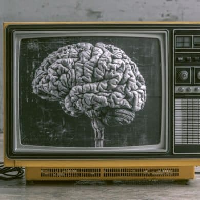 This shows a brain on a TV set.