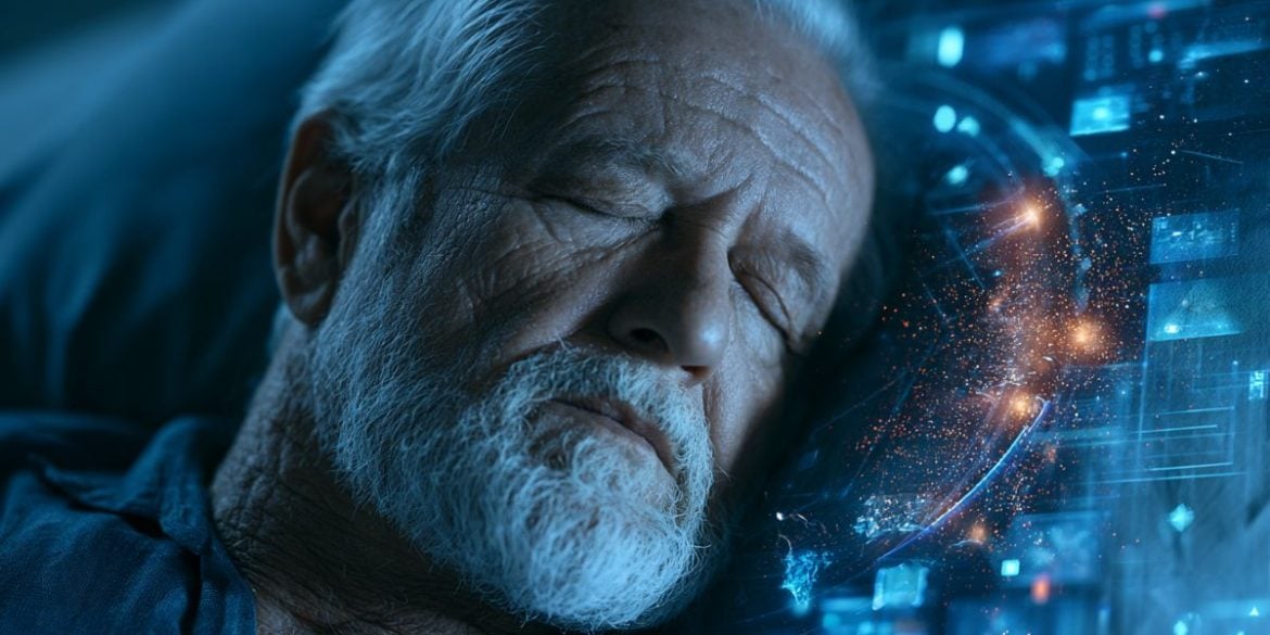 This shows an older man sleeping.