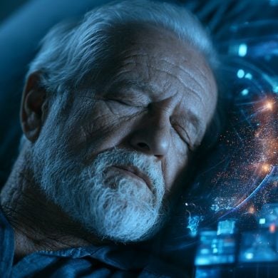 This shows an older man sleeping.