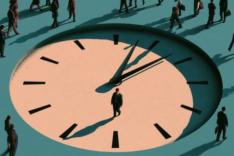 This shows people walking on a clock face.