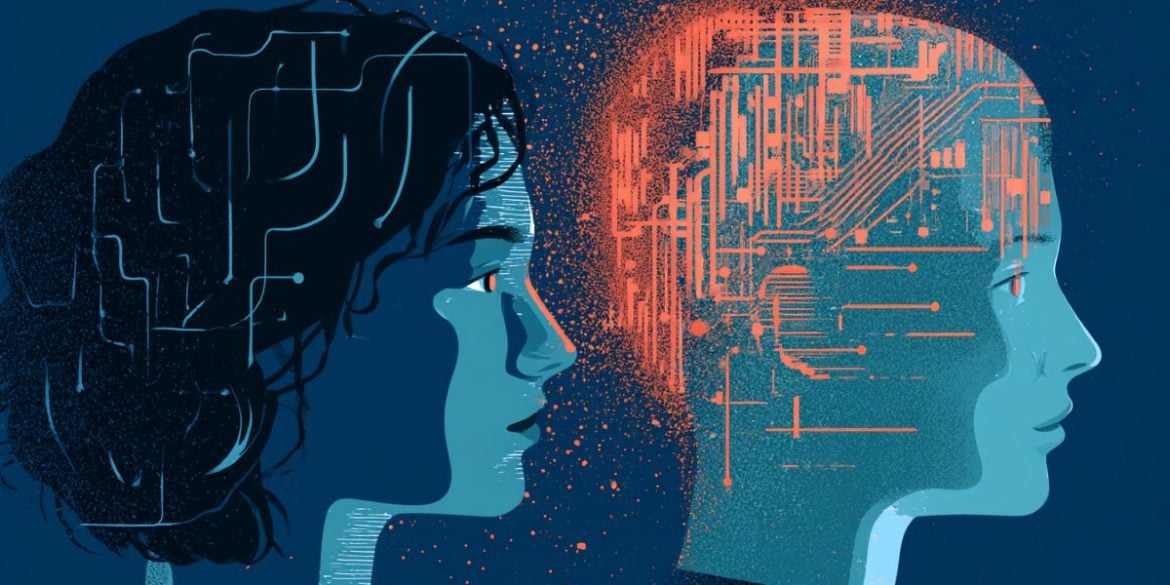 This shows the outline of two heads, one is digital.