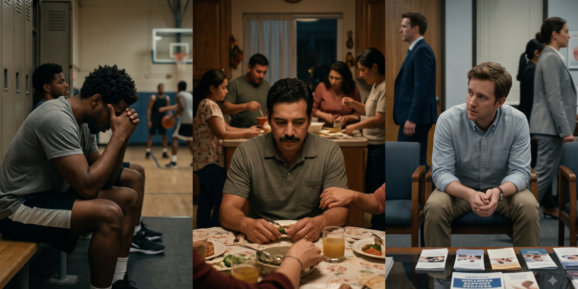 A multi-panel documentary photo. Left: A Black man sits alone on a locker room bench with his head down. Center: A Latino man sits withdrawn at a family kitchen table. Right: A White man looks thoughtfully at wellness pamphlets in a public waiting area. All convey isolation.