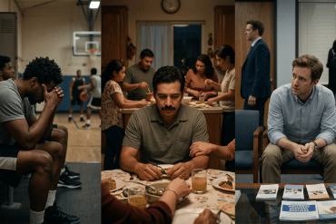 A multi-panel documentary photo. Left: A Black man sits alone on a locker room bench with his head down. Center: A Latino man sits withdrawn at a family kitchen table. Right: A White man looks thoughtfully at wellness pamphlets in a public waiting area. All convey isolation.