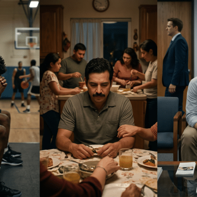 A multi-panel documentary photo. Left: A Black man sits alone on a locker room bench with his head down. Center: A Latino man sits withdrawn at a family kitchen table. Right: A White man looks thoughtfully at wellness pamphlets in a public waiting area. All convey isolation.