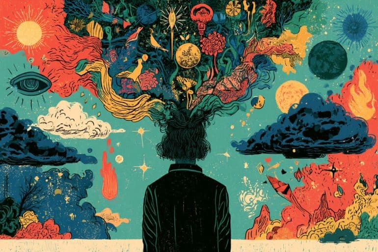 This shows the back of a person surrounded by random objects.