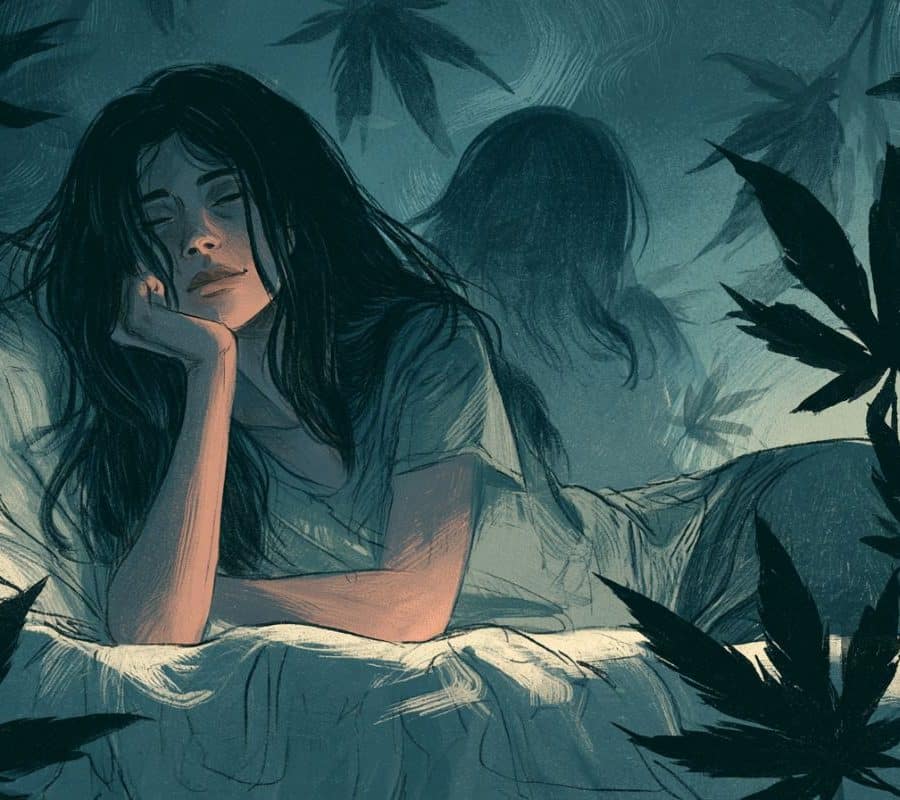 This shows a person in bed surrounded by leaves.