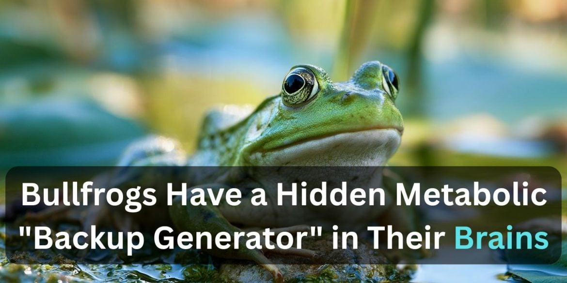 This shows a bullfrog. Caption reads "Bullfrogs Have a Hidden Metabolic "Backup Generator" in Their Brains."