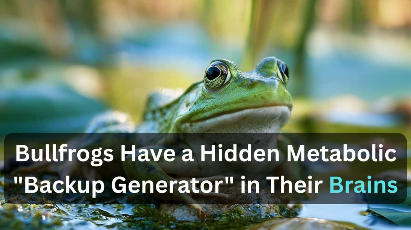 This shows a bullfrog. Caption reads "Bullfrogs Have a Hidden Metabolic "Backup Generator" in Their Brains."
