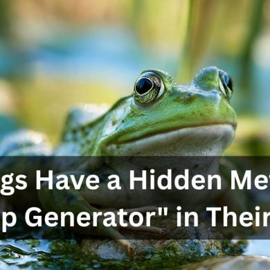 This shows a bullfrog. Caption reads "Bullfrogs Have a Hidden Metabolic "Backup Generator" in Their Brains."