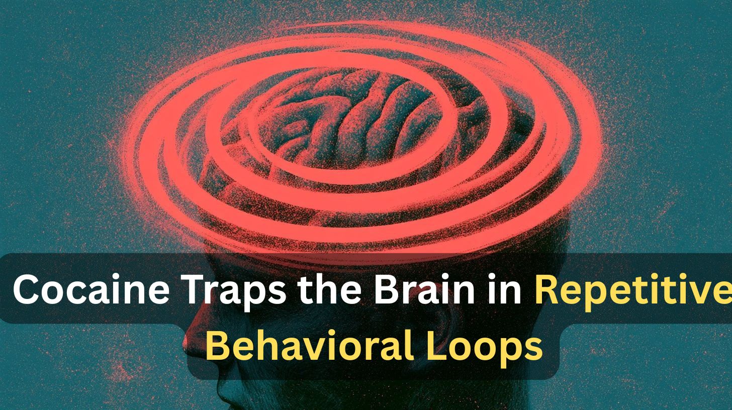 This shows a brain with loops around it. Caption reads "Cocaine Traps the Brain in Repetitive Behavioral Loops."