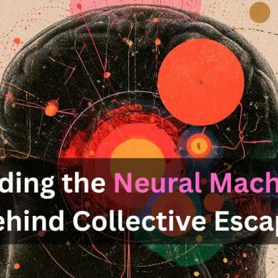 This shows the outline of a head. Caption reads "Decoding the Neural Machinery Behind Collective Escape."