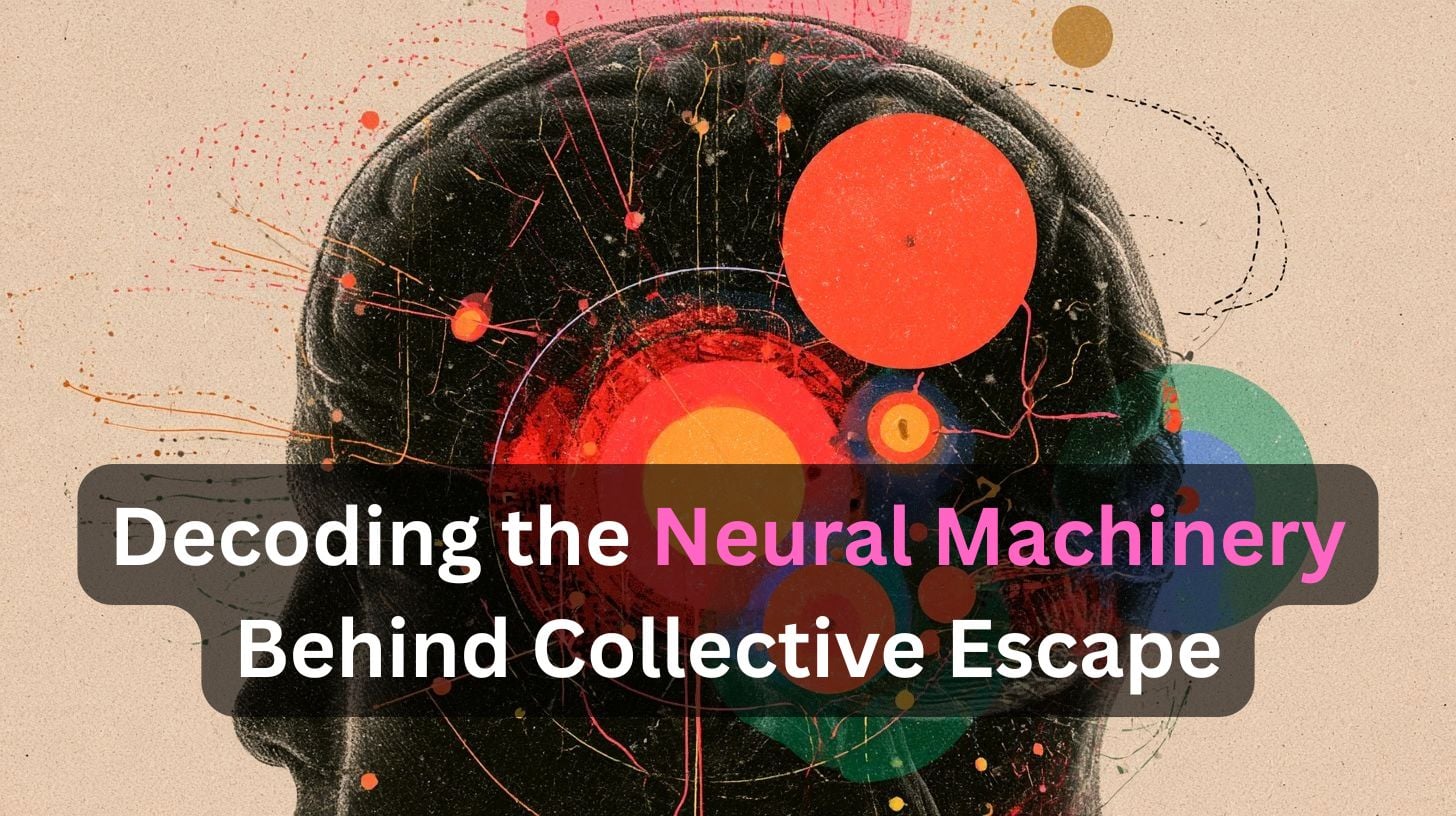 This shows the outline of a head. Caption reads "Decoding the Neural Machinery Behind Collective Escape."