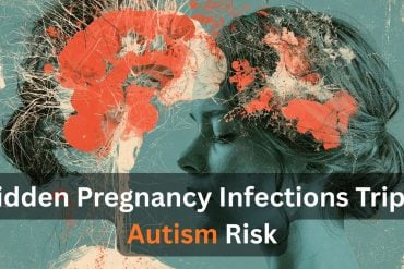 This shows a brain and a woman's head. Caption reads "Hidden pregnancy infections triple autism risk."