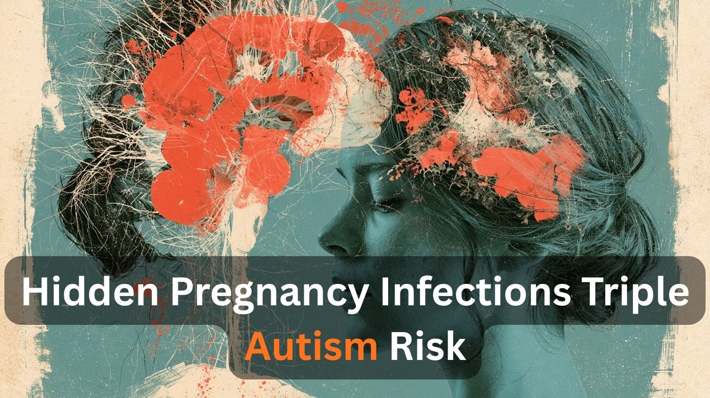 This shows a brain and a woman's head. Caption reads "Hidden pregnancy infections triple autism risk."