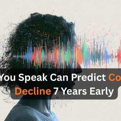 This shows a head and sound waves coming from the mouth, implying speech. Caption reads "How You Speak Can Predict Cognitive Decline 7 Years Early."