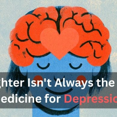 This shows a brain and a person laughing. Caption reads "Why Laughter Isn't Always the Best Medicine for Depression."
