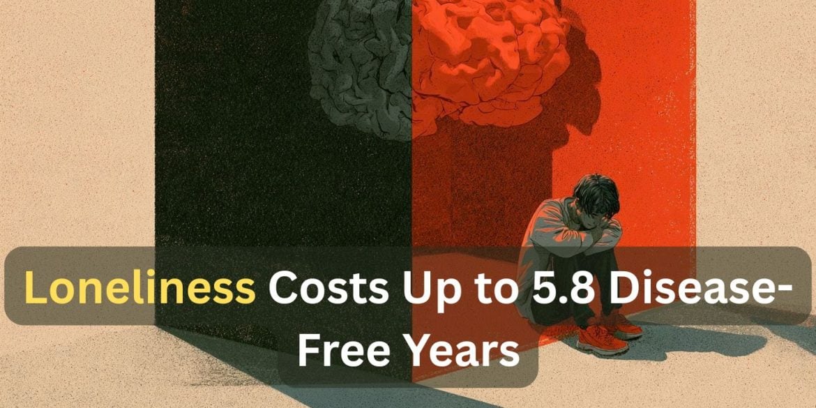 This shows a brain and a person sitting alone. Caption reads "Loneliness Costs Up to 5.8 Disease-Free Years."
