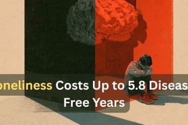 This shows a brain and a person sitting alone. Caption reads "Loneliness Costs Up to 5.8 Disease-Free Years."