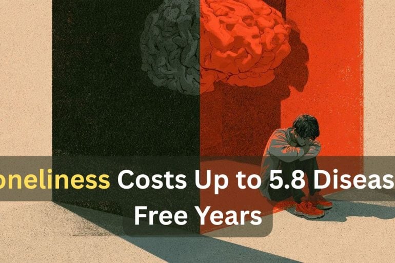This shows a brain and a person sitting alone. Caption reads "Loneliness Costs Up to 5.8 Disease-Free Years."