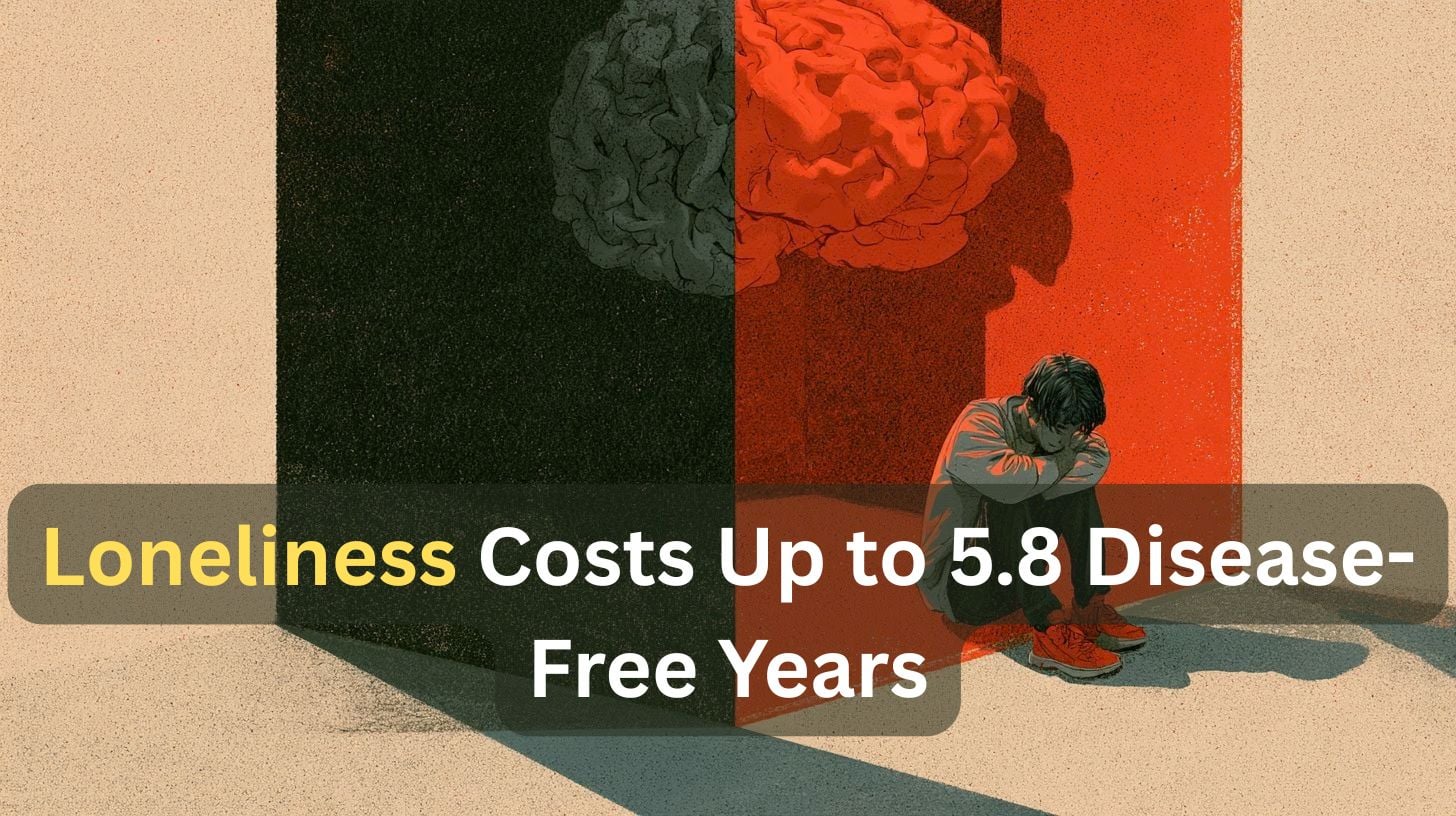 This shows a brain and a person sitting alone. Caption reads "Loneliness Costs Up to 5.8 Disease-Free Years."