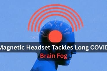 This shows a head surrounded by magnetic pulse waves. Caption reads "Magnetic Headset Tackles Long COVID Brain Fog."