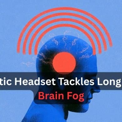This shows a head surrounded by magnetic pulse waves. Caption reads "Magnetic Headset Tackles Long COVID Brain Fog."