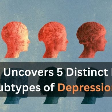 This shows statue like heads. Caption reads "tudy Uncovers 5 Distinct Brain Subtypes of Depression".