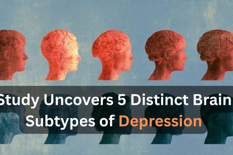 This shows statue like heads. Caption reads "tudy Uncovers 5 Distinct Brain Subtypes of Depression".