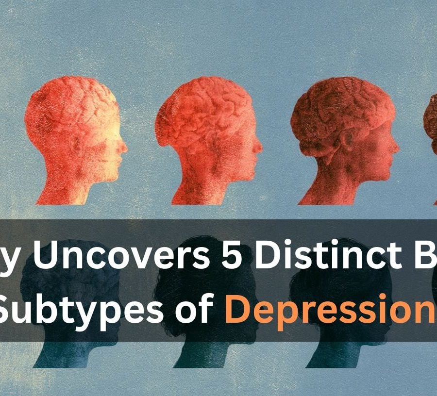 This shows statue like heads. Caption reads "tudy Uncovers 5 Distinct Brain Subtypes of Depression".