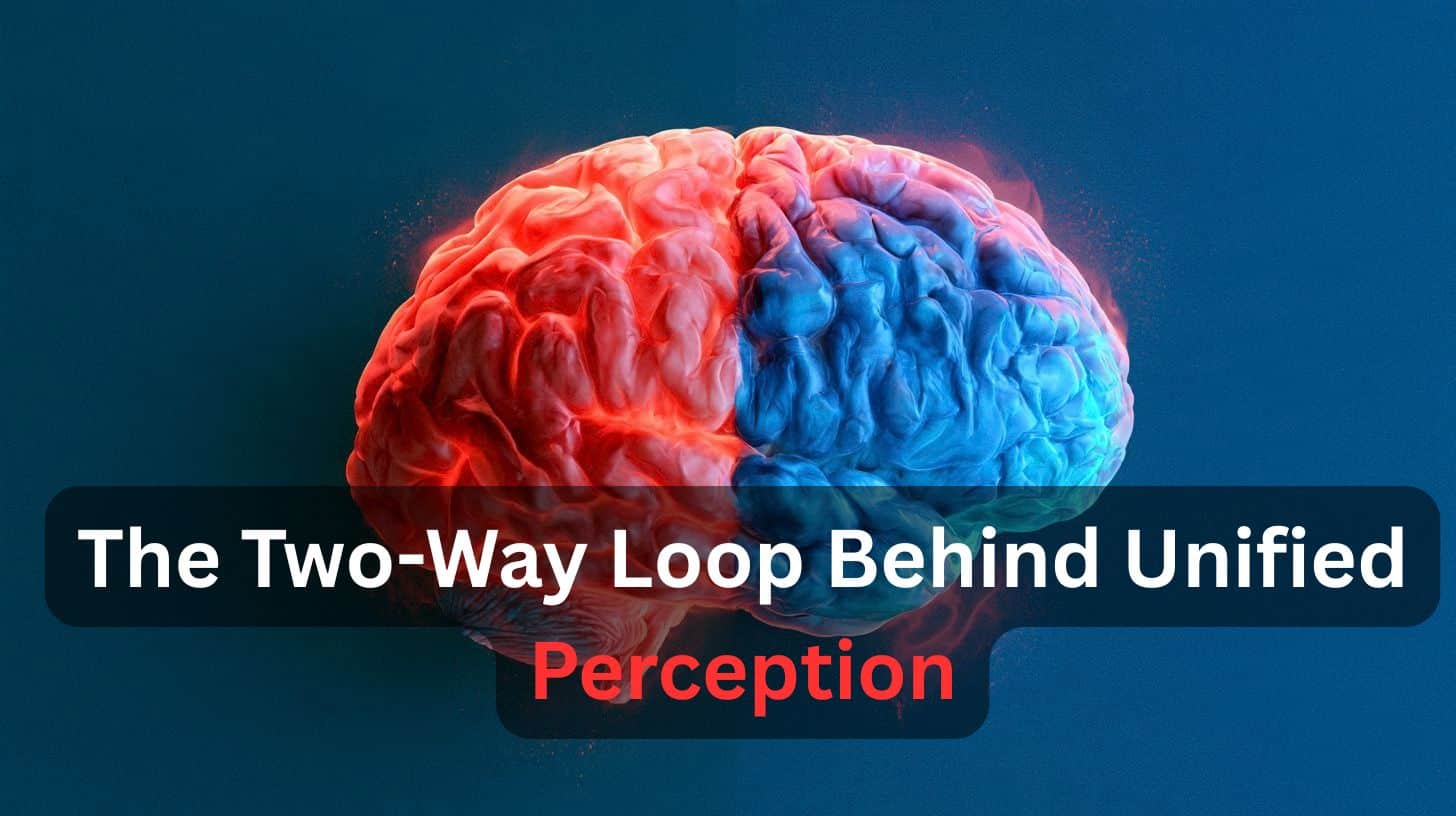This shows a brain, half colored blue and the other red. Caption reads "The Two-Way Loop Behind Unified Perception"
