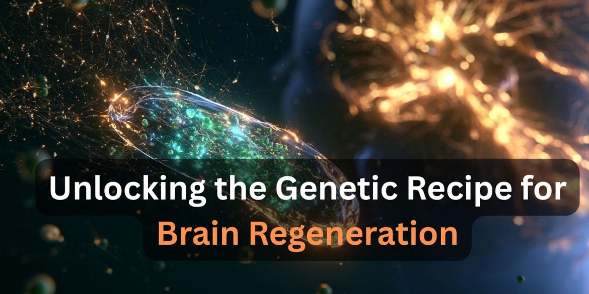 This shows a brian and stem cells. Caption reads "Unlocking the Genetic Recipe for Brain Regeneration".