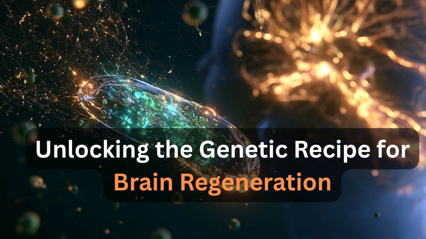 This shows a brian and stem cells. Caption reads "Unlocking the Genetic Recipe for Brain Regeneration".