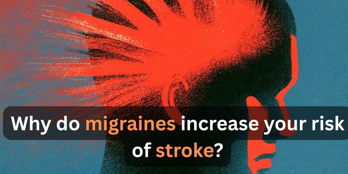 This shows a head surrounded by a red aura. Caption reads "Why do migraines increase your risk of stroke?"