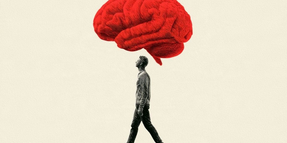 This shows a man walking and a brain.