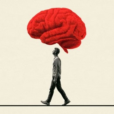 This shows a man walking and a brain.