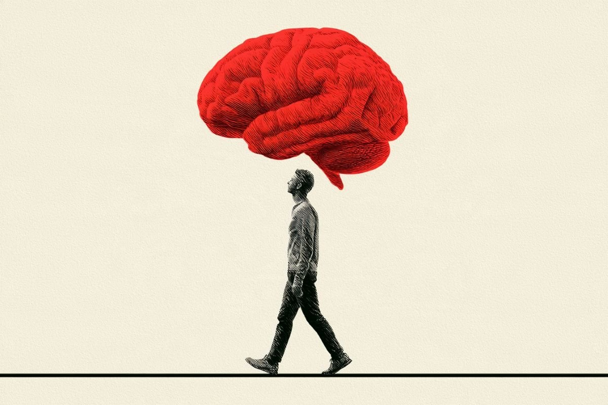 This shows a man walking and a brain.