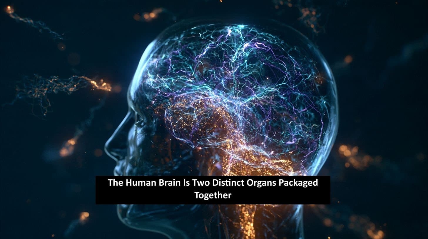 3D medical illustration of a human brain showing distinct color-coded anterior and posterior developmental regions converging within a single skull. Caption reads "The Human Brain Is Two Distinct Organs Packaged Together."