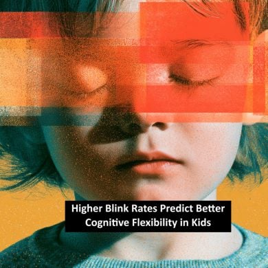 This shows a child with blurred eyes. The caption reads "Higher Blink Rates Predict Better Cognitive Flexibility in Kids."