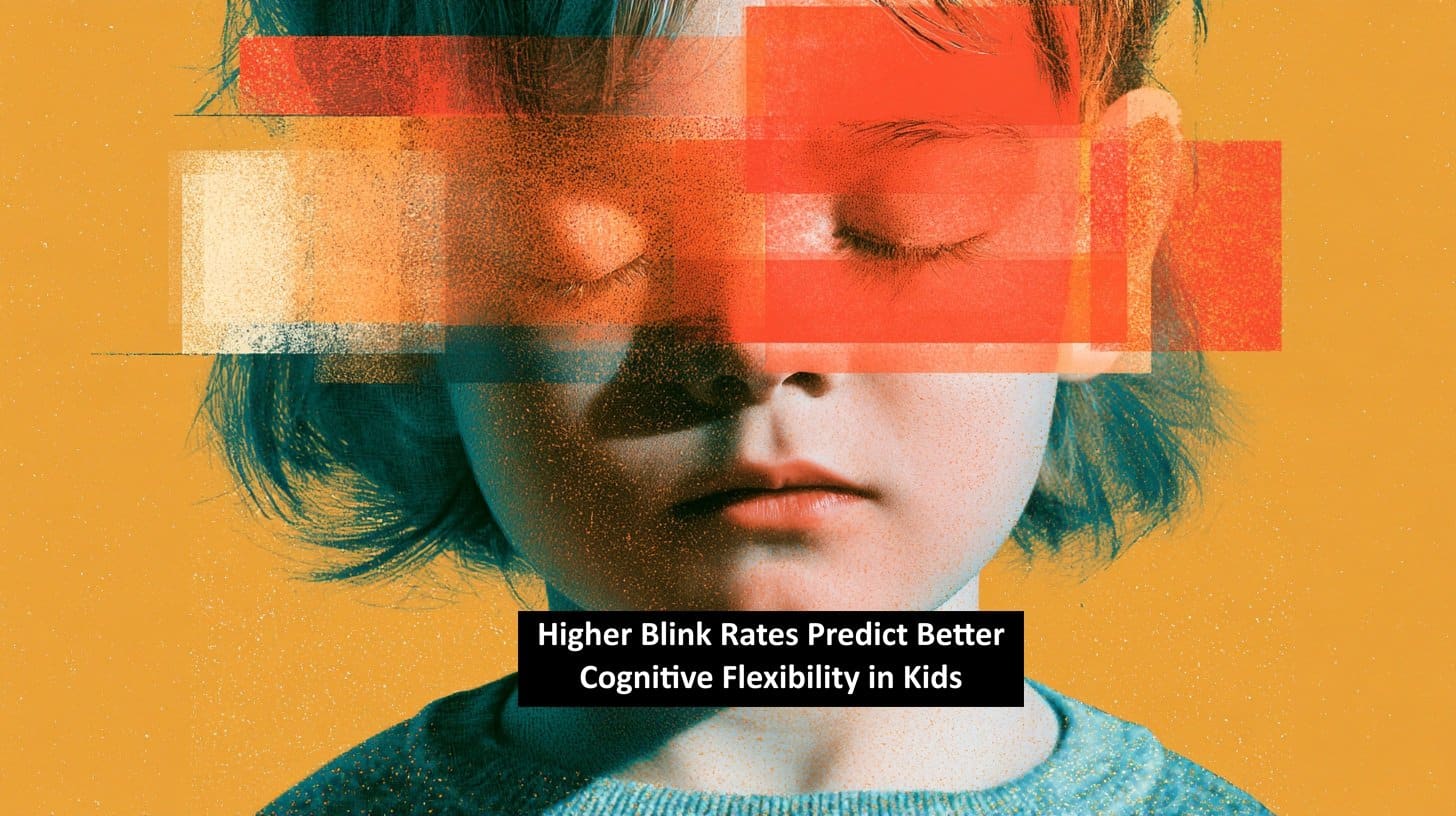 This shows a child with blurred eyes. The caption reads "Higher Blink Rates Predict Better Cognitive Flexibility in Kids."