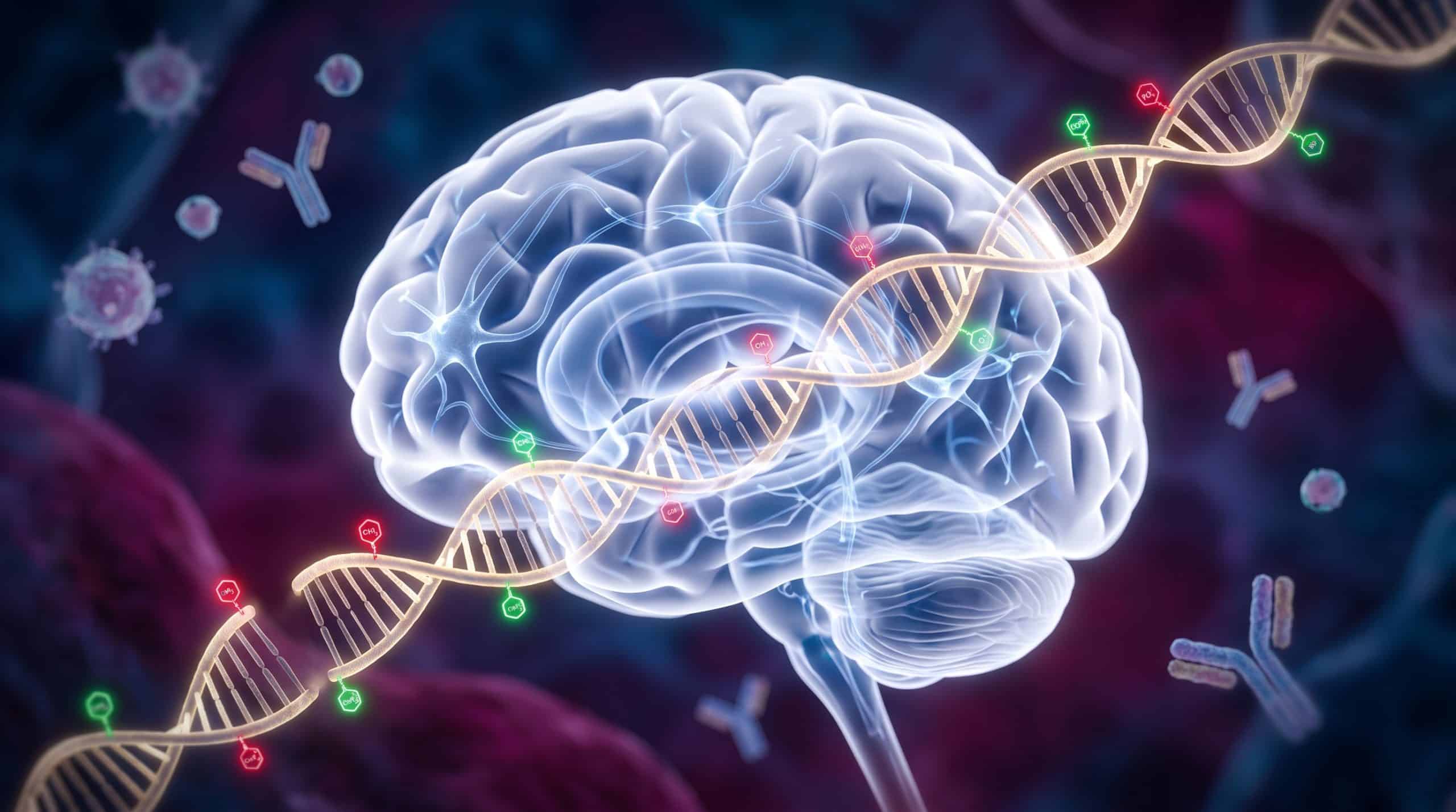 A 3D digital rendering showing a developing fetal brain connected by glowing neural pathways and floating DNA strands, surrounded by subtle immune cells.