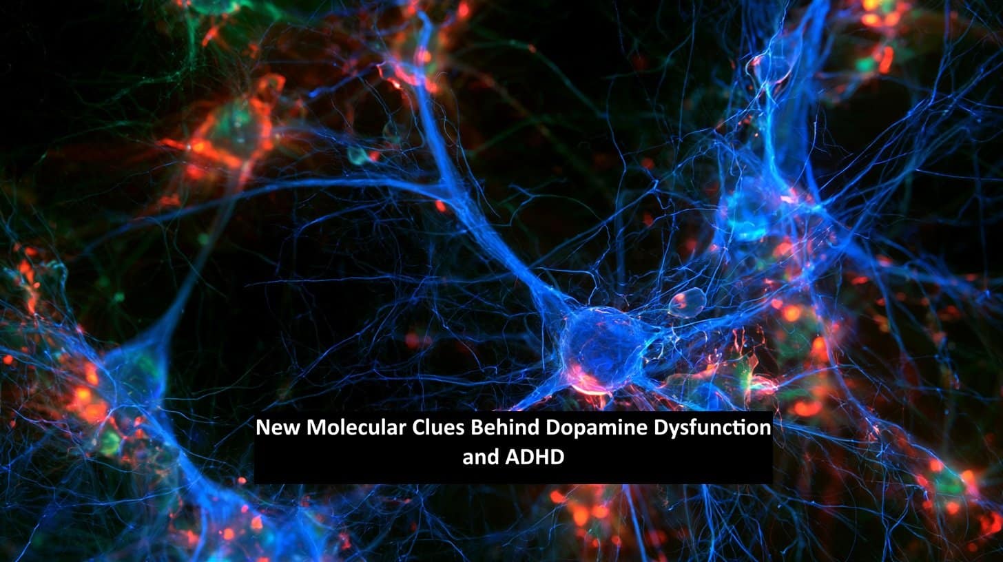 3D scientific visualization of a dopamine synapse in the striatum showing neurotransmitter release, vesicle membrane fusion, and D2 receptor complexes. Caption reads "New Molecular Clues Behind Dopamine Dysfunction and ADHD."